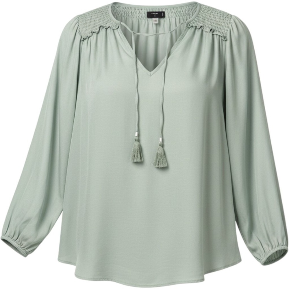Tahari Woman Sage Green Smocked Tassel V-Neck Peasant Blouse 1X Boho Top